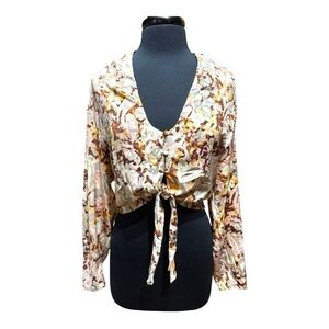 NWOT Open Edit Romantic Floral Tie Front Blouse Cropped Fit Size Medium